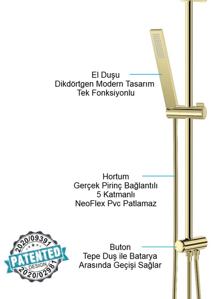 | Valtemo (Shiny) Parlak Gold, Kare Dikdörtgen Tasarım Tepe Duş Seti modelleri