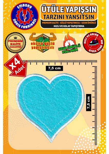 Ütü ile Yapışan Arma Yama, Mavi Kalp (4 Adet) Ütüyle Yapışan Nakış Dokuma Aplike Patch
