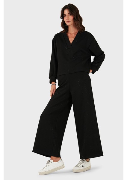 Via Dante Taşlı Regular Fit Normal Bel Geniş Paça Pantolon Bayan Pantolon 268793735