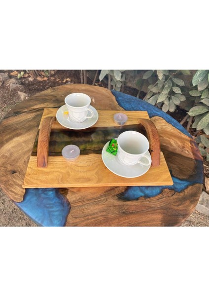 Meşe Ağacından El Yapımı Ahşap Epoksi Sunum Tepsi / Düğün/nişan - 30*23 cm - Kahverengi