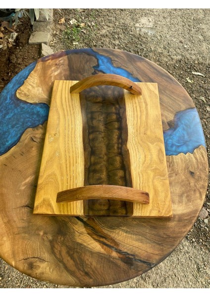 Meşe Ağacından El Yapımı Ahşap Epoksi Sunum Tepsi / Düğün/nişan - 30*23 cm - Kahverengi fiyatları