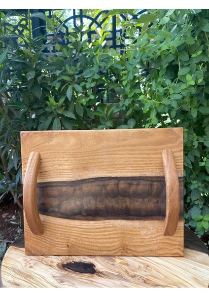 Meşe Ağacından El Yapımı Ahşap Epoksi Sunum Tepsi / Düğün/nişan - 30*23 cm - Kahverengi fırsatları