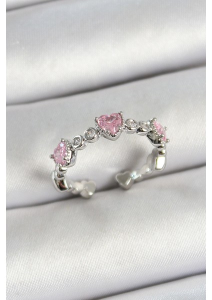 Pirinç Sıralı Kalp Figürlü Zirkon Taşlı Gümüş Renk Ayarlanabilir Kadın Yüzük