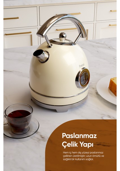 FR-KT06 Magnoli 1,8l Isı Göstergeli Retro Krem Kettle Kablosuz Su Isıtıcısı