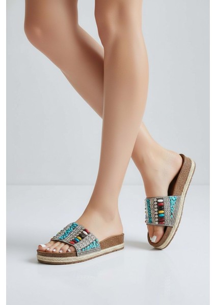 2232-PIEN Anatomik Mantar Tabanlı Boncuklu Kadın Terlik - NKT02232-GRI-MINT-38