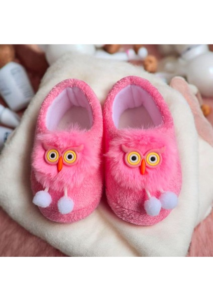 Kız Çocuk Hayvan Figürlü Pembe Panduf Kışlık Yumuşak Peluş Ev Ayakkabısı