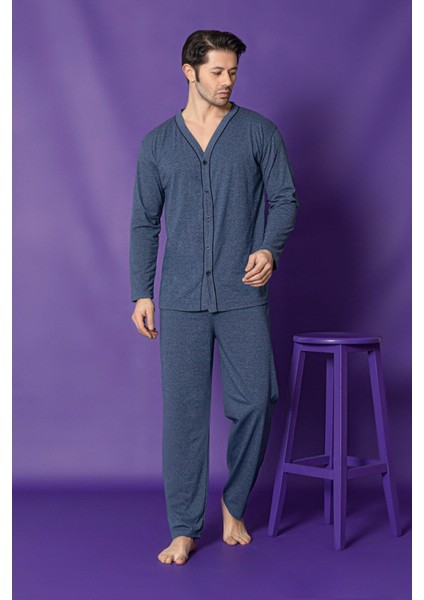 Erkek Petrol Mavisi Uzun Kollu Önden Düğmeli Süprem Kumaş Pijama Takımı