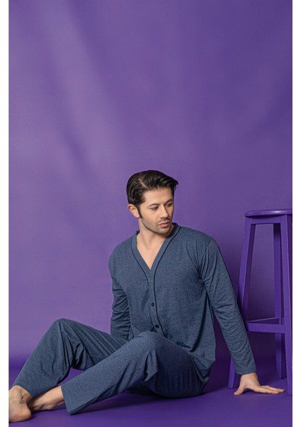 Erkek Petrol Mavisi Uzun Kollu Önden Düğmeli Süprem Kumaş Pijama Takımı fiyatları