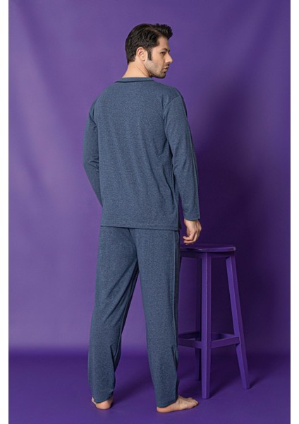 Erkek Petrol Mavisi Uzun Kollu Önden Düğmeli Süprem Kumaş Pijama Takımı modelleri