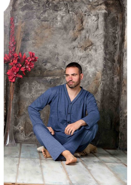 Erkek Petrol Mavisi Uzun Kollu Önden Düğmeli Süprem Kumaş Pijama Takımı fırsatları