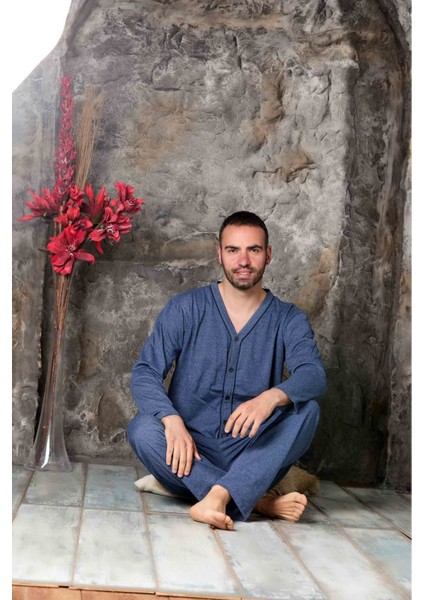 Erkek Petrol Mavisi Uzun Kollu Önden Düğmeli Süprem Kumaş Pijama Takımı indirimleri