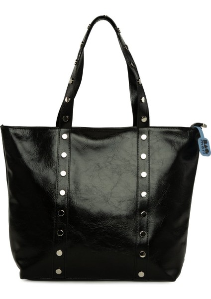 Siyah Trok Detaylı Kırışık Deri Büyük Tote Çanta