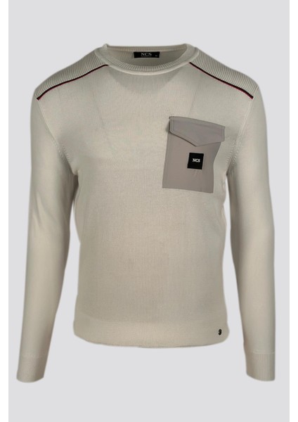 Erkek Triko Bisiklet Yaka Cep Detaylı Beyaz 3753