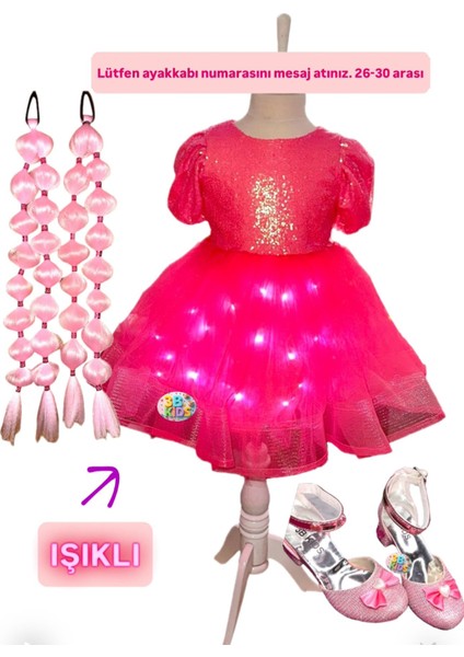 Payetli Pembe Işıklı Elbise Kostüm + Pembe Bubble Saç + Pembe Topuklu Ayakkabı Seti Parti Bayram