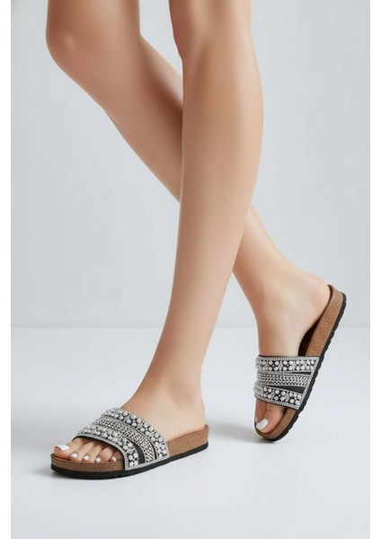 2232-PIEN Anatomik Mantar Tabanlı Boncuklu Kadın Terlik - NKT02232-GRI-38