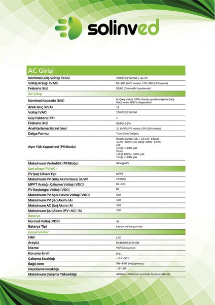 6.0 Kw Mppt Off-Grıd Inverter 6000W, 48V/ 60-450VDC, SLV-6000-48 modelleri