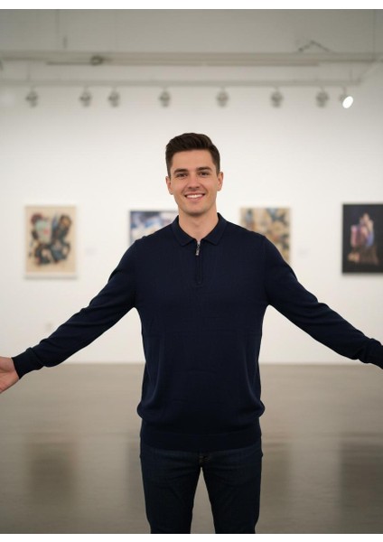 Erkek Yarım Fermuar Polo Yaka Triko Kazak