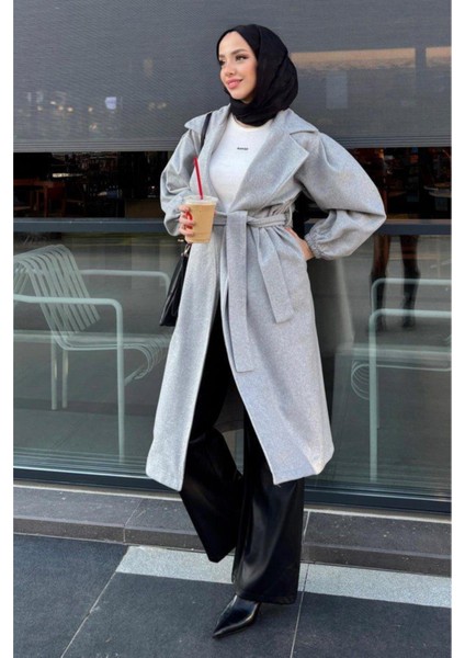 Kolu Büzgülü Düğmesiz Astarsız Tesettür Kaban- Gri