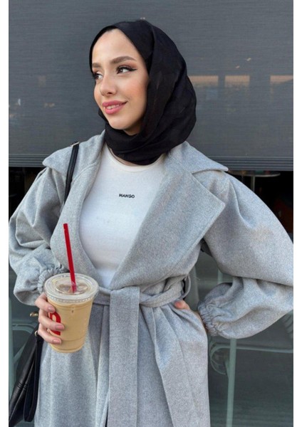 Kolu Büzgülü Düğmesiz Astarsız Tesettür Kaban- Gri modelleri
