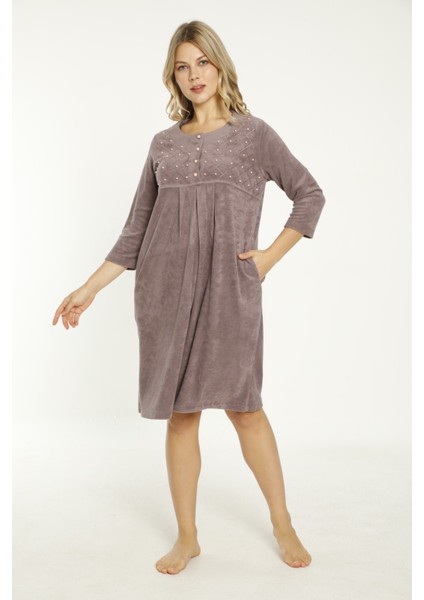 Lacivert Taş Detaylı Düğmeli Pamuklu Havlu Elbise