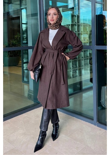 Kolu Büzgülü Düğmesiz Astarsız Tesettür Kaban- Acı Kahve