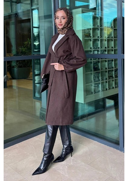Kolu Büzgülü Düğmesiz Astarsız Tesettür Kaban- Acı Kahve modelleri