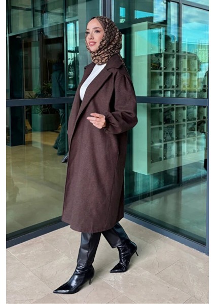 Kolu Büzgülü Düğmesiz Astarsız Tesettür Kaban- Acı Kahve fırsatları