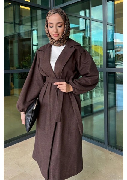 Kolu Büzgülü Düğmesiz Astarsız Tesettür Kaban- Acı Kahve indirimleri