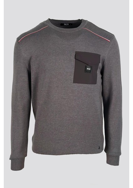 Erkek Triko Bisiklet Yaka Cep Detaylı Gri 3753