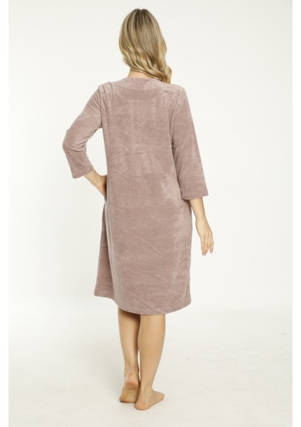 Lacivert Taş Detaylı Düğmeli Pamuklu Havlu Elbise