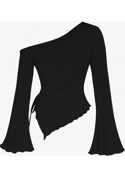 Kadın Siyah Uzun Ispanyol Kollu Asimetirik Yaka Yandan Bağlamalı Drapeli Bluz fırsatları
