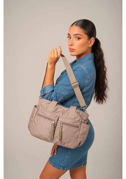 Dompe Çok Gözlü El ve Omuz Çantası Vizon