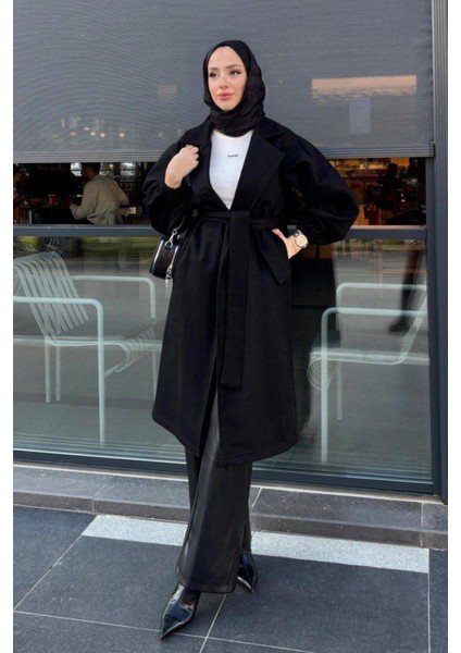 Kolu Büzgülü Düğmesiz Astarsız Tesettür Kaban- Siyah