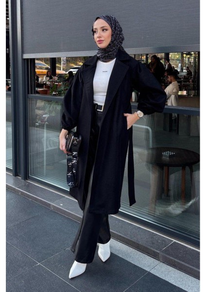 Kolu Büzgülü Düğmesiz Astarsız Tesettür Kaban- Siyah fiyatları