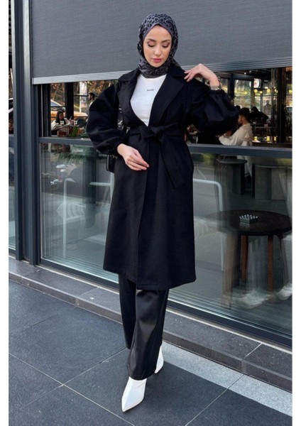 Kolu Büzgülü Düğmesiz Astarsız Tesettür Kaban- Siyah modelleri