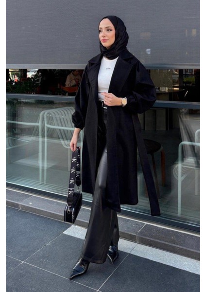 Kolu Büzgülü Düğmesiz Astarsız Tesettür Kaban- Siyah fırsatları