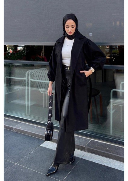 Kolu Büzgülü Düğmesiz Astarsız Tesettür Kaban- Siyah indirimleri