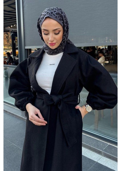 Kolu Büzgülü Düğmesiz Astarsız Tesettür Kaban- Siyah