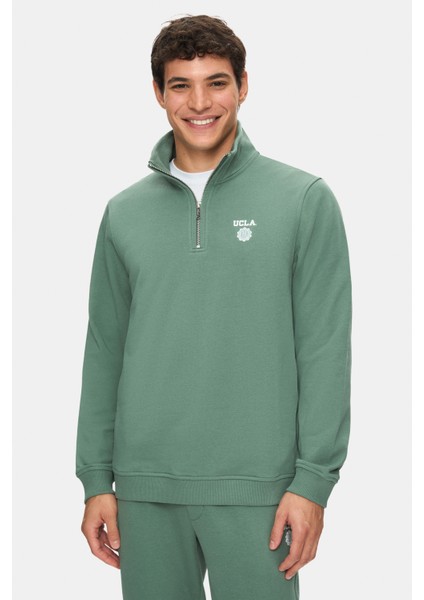 Leon Adaçayı Yeşili Yarım Fermuar Baskılı Standard Fit Erkek Sweatshirt