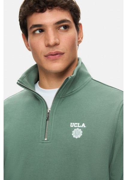 Leon Adaçayı Yeşili Yarım Fermuar Baskılı Standard Fit Erkek Sweatshirt fiyatları