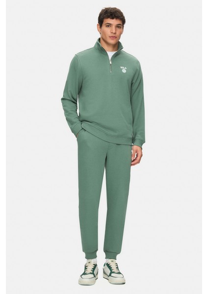 Leon Adaçayı Yeşili Yarım Fermuar Baskılı Standard Fit Erkek Sweatshirt indirimleri