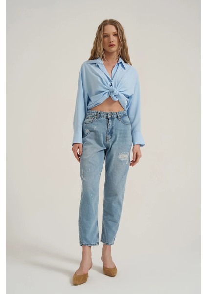 Yırtık Detaylı Denim Pantolon Buz Mavi fırsatları