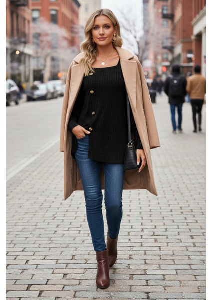 Kadın Uzun Kollu Düğmeli Mevsimlik Bluz - Yumuşak Dokulu, Esnek ve Sıcak Tutan Kumaş fırsatları