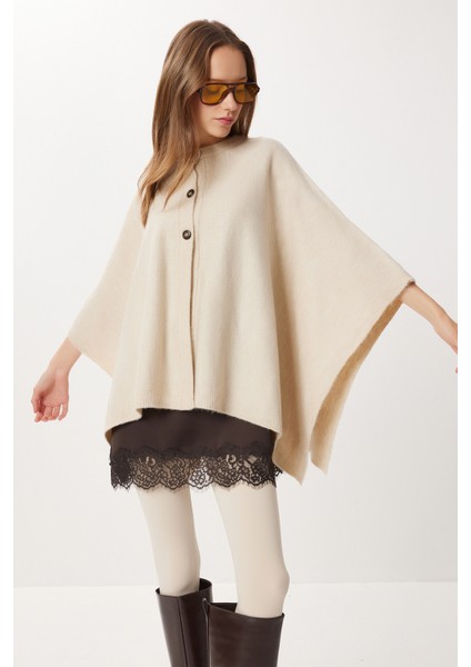 Düğmeli Triko Panço LXA0021 Bej