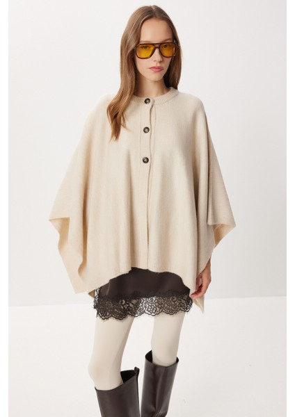 Düğmeli Triko Panço LXA0021 Bej modelleri