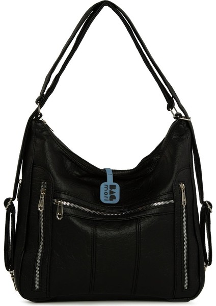 Siyah Yedi Gözlü Fermuar Detaylı Askılı ve Sırt Salaş Çanta