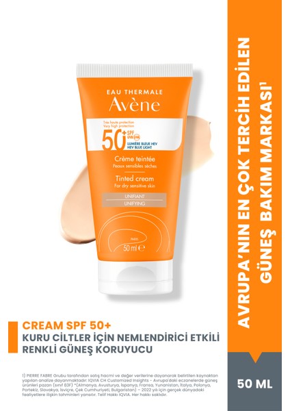 Tinted Cream SPF 50 + Kuru Ciltler için Renkli Güneş Koruyucu 50 ml