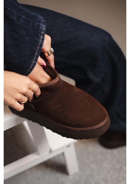 Kadın Kalın Taban Acı Kahve İçi Kürklü Yarım Bot Tefis Kahve Süet fiyatları