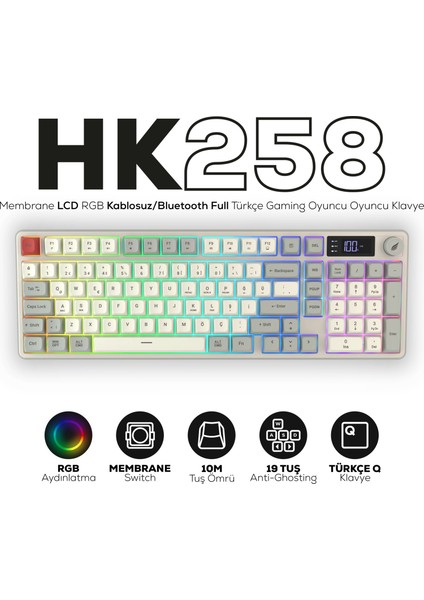 HK258 Membrane LCD Rgb Kablosuz/bluetooth Kırmızı Haki Full Türkçe Gaming Klavye