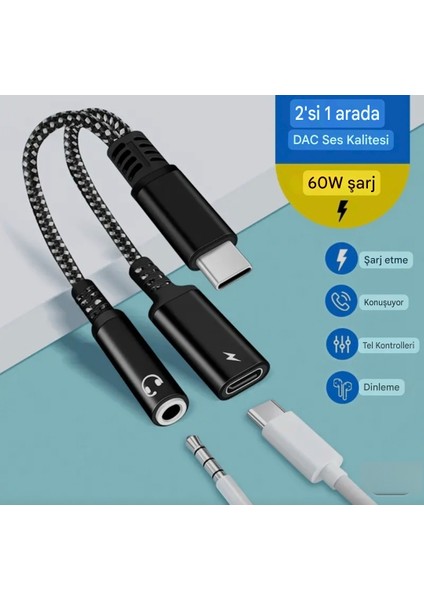 2'si 1 Arada Type-C To 3.5mm+60W Hızlı Şarj ve Kulaklık Çevirici+Usb Dönüştürücü Hi-fi Ses Ce Lisanslı Sertifikalı Hasır Örgülü Sağlam Kablo modelleri